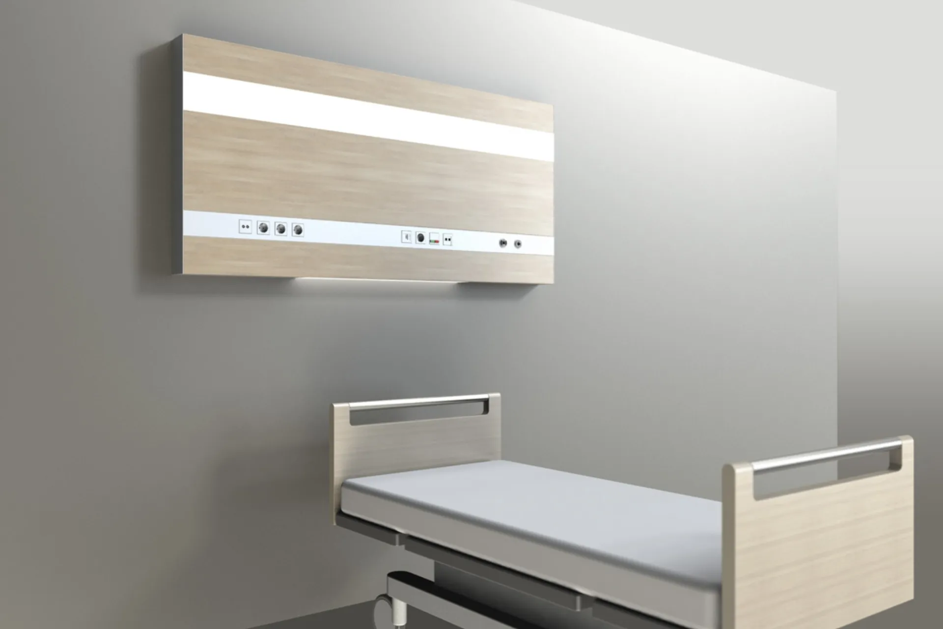 Krankenhausbett mit Holzoptik und Wandpanel mit Steckdosen und Anschlüssen in einem grauen Raum