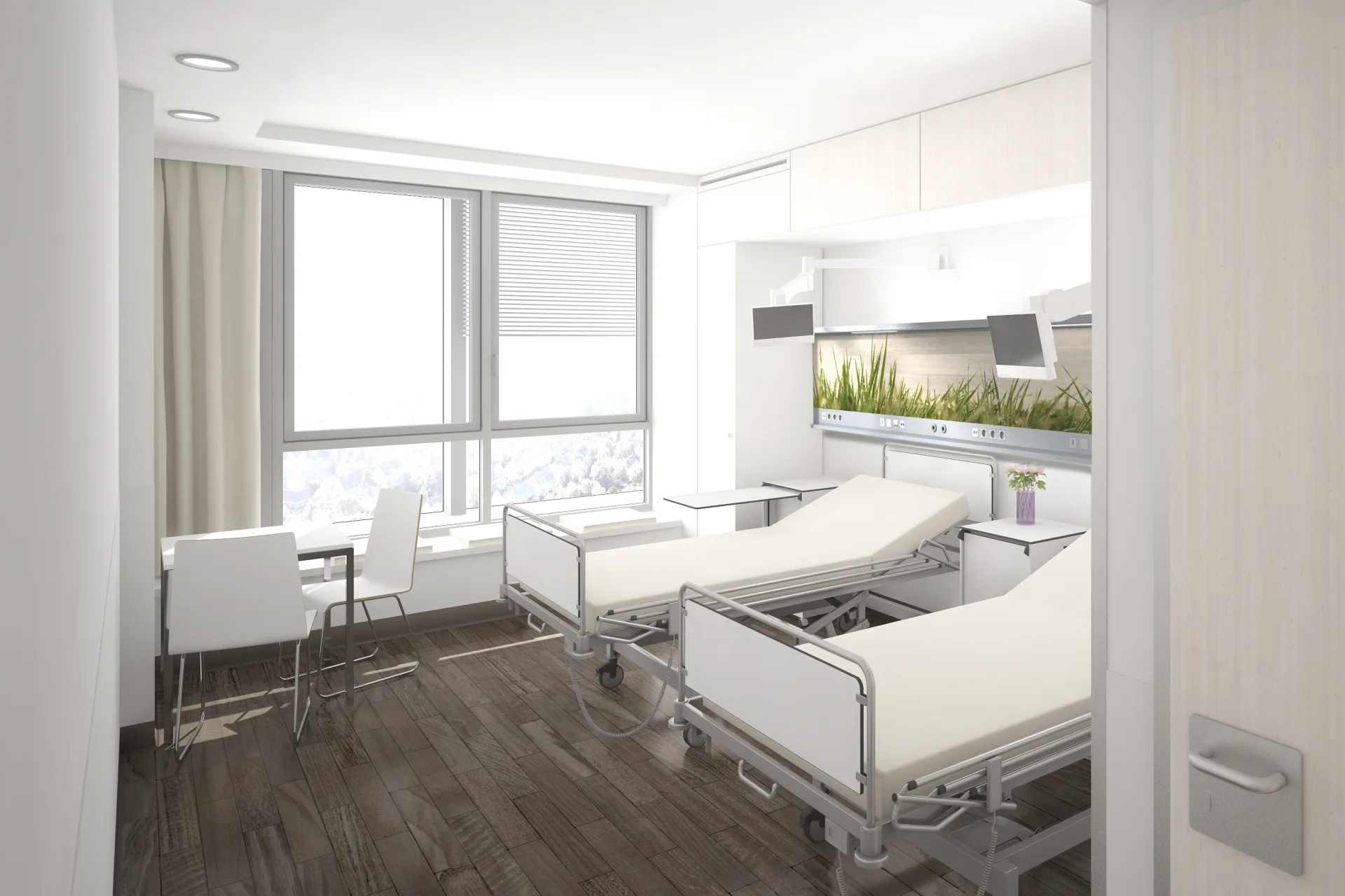 Rendering eines hellen Patientenzimmers mit zwei Pflegebetten, weißer Versorgungsleiste mit Pflanzschale, großem Fenster und weißer Sitzgruppe mit Tisch