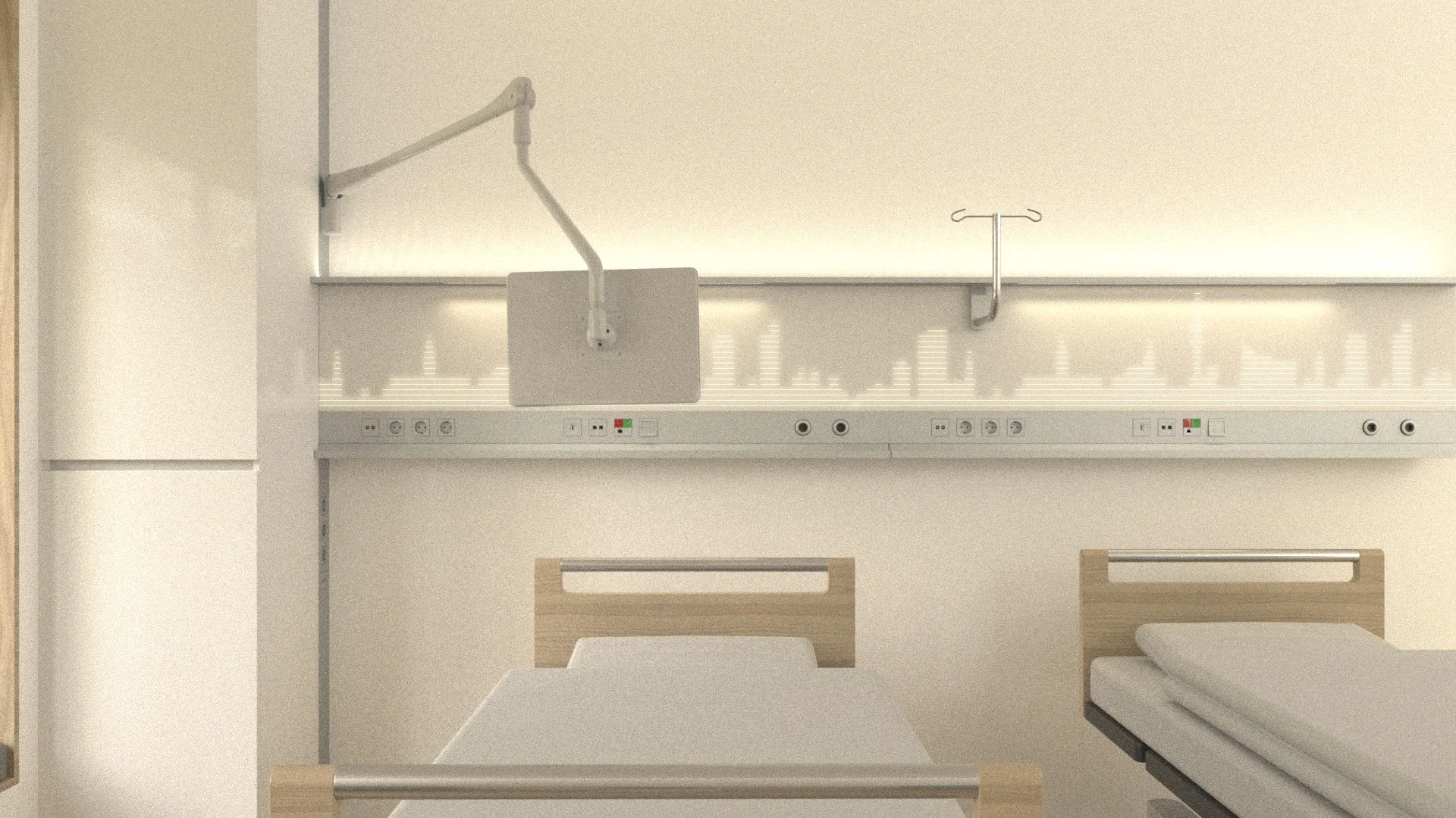 Rendering einer hellen Versorgungsleiste mit indirekter Beleuchtung und Skyline-Silhouette über zwei Pflegebett-Kopfteilen aus hellem Holz