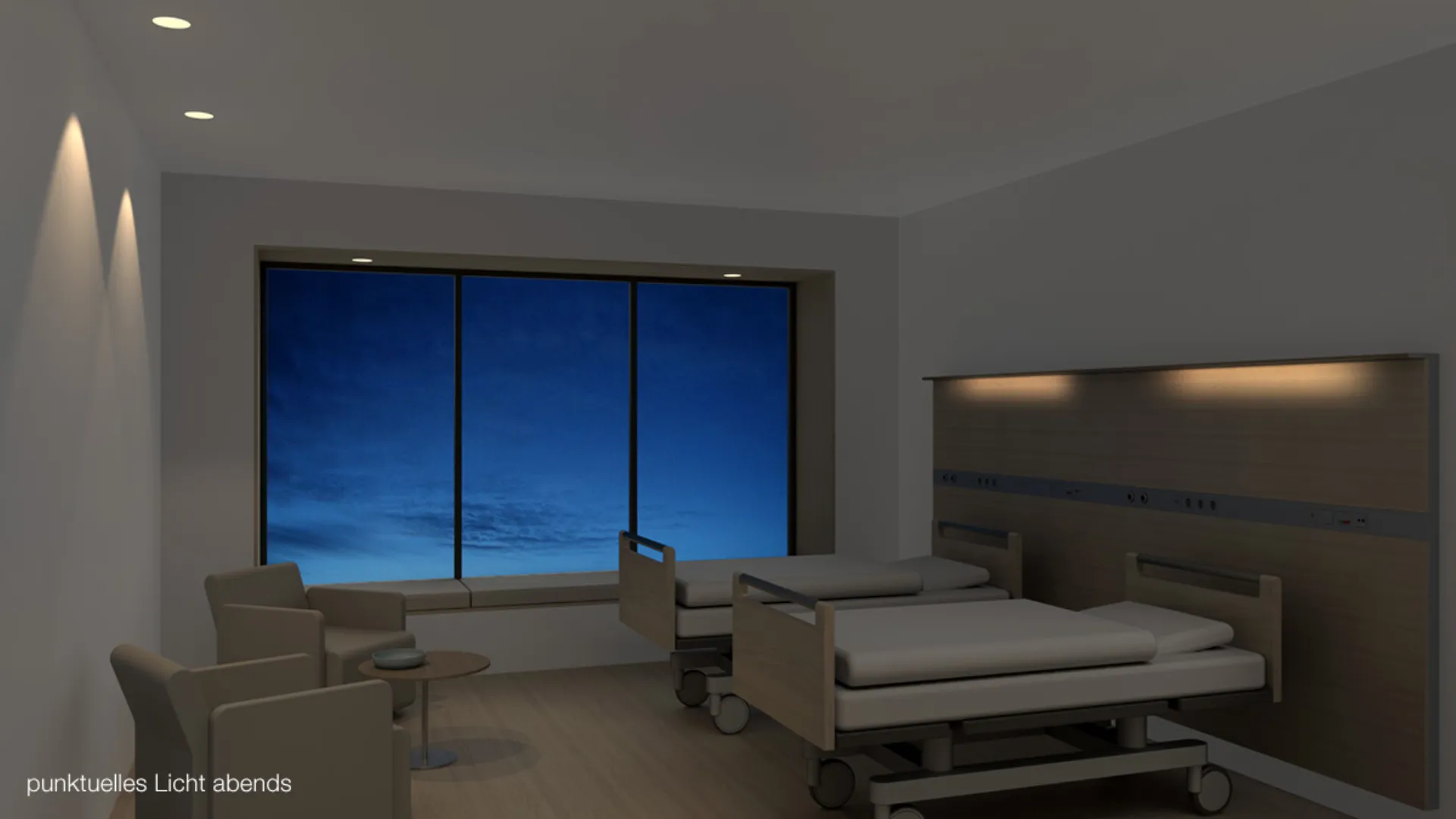 Ein Krankenhauszimmer mit indirekter Lesebeleuchtung im Abendlicht