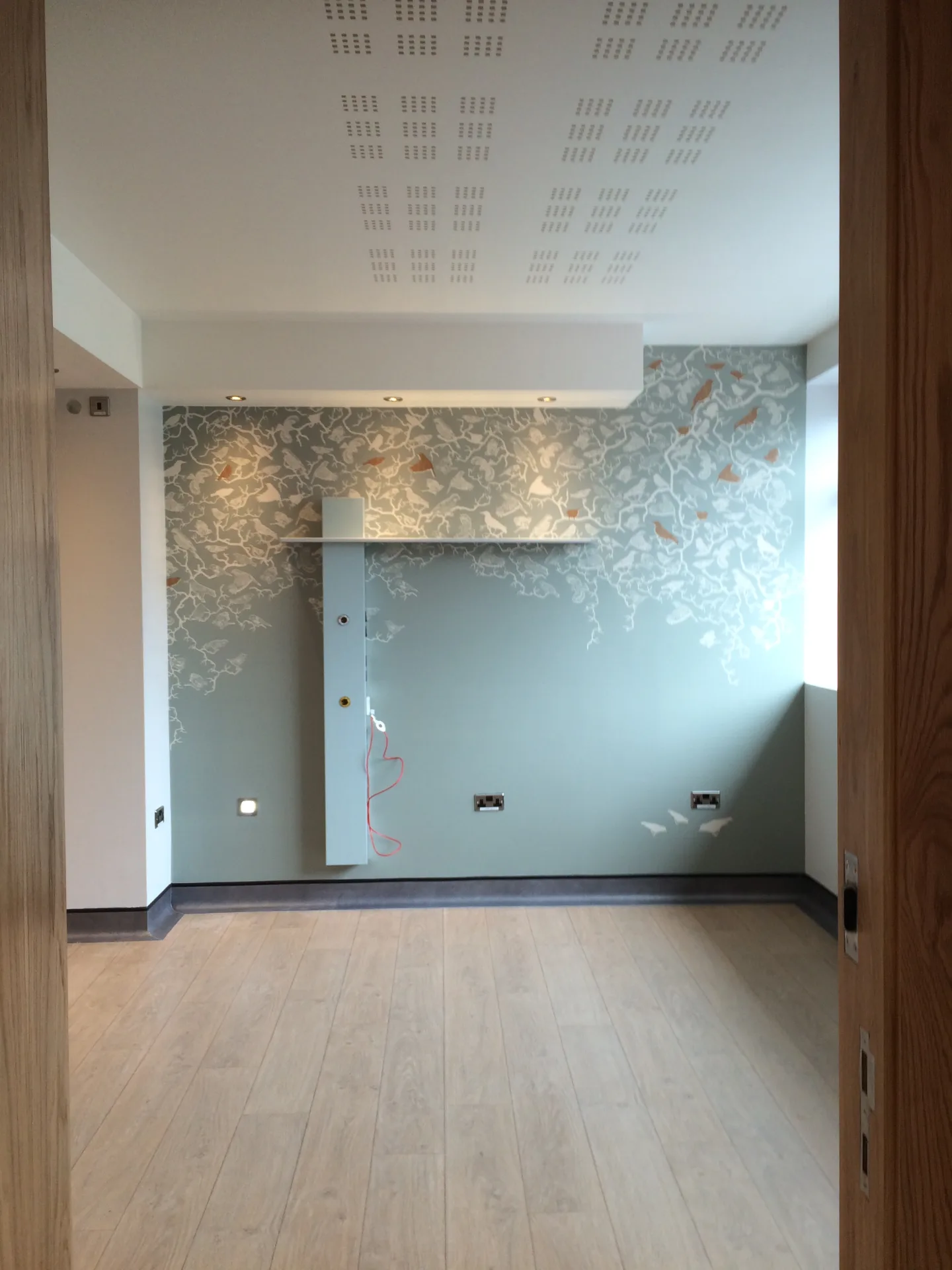 Leerer Patientenraum mit hellblauer Wand mit floralem Vögelmuster, perforierter Akustikdecke und teilweise sichtbarer Versorgungssäule pure