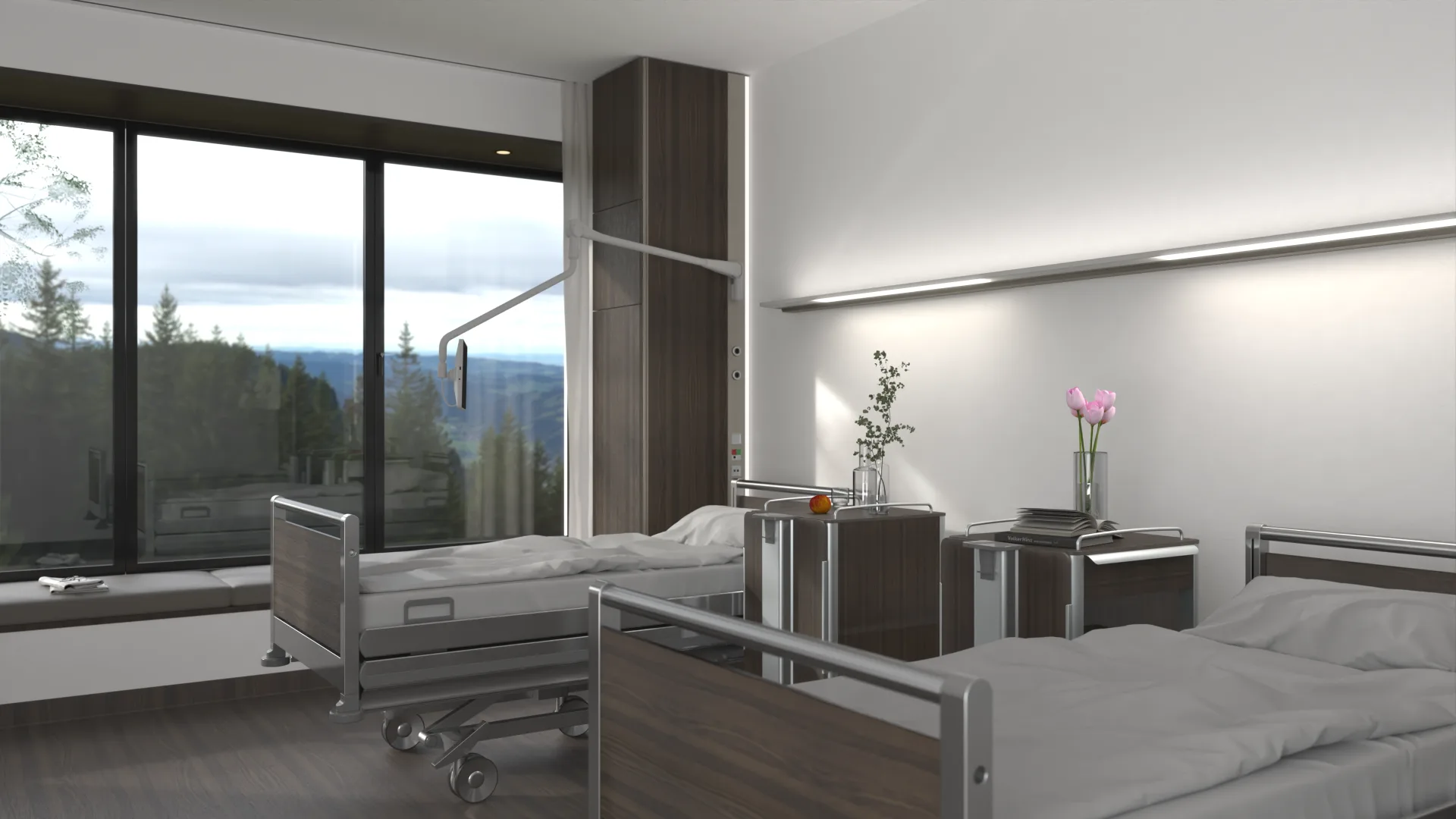 Zweibettzimmer mit S 130 Wandleuchten über den Betten, dunklen Holznachttischen, rosa Blumen in Vasen und großem Fenster mit Blick in eine bewaldete Berglandschaft
